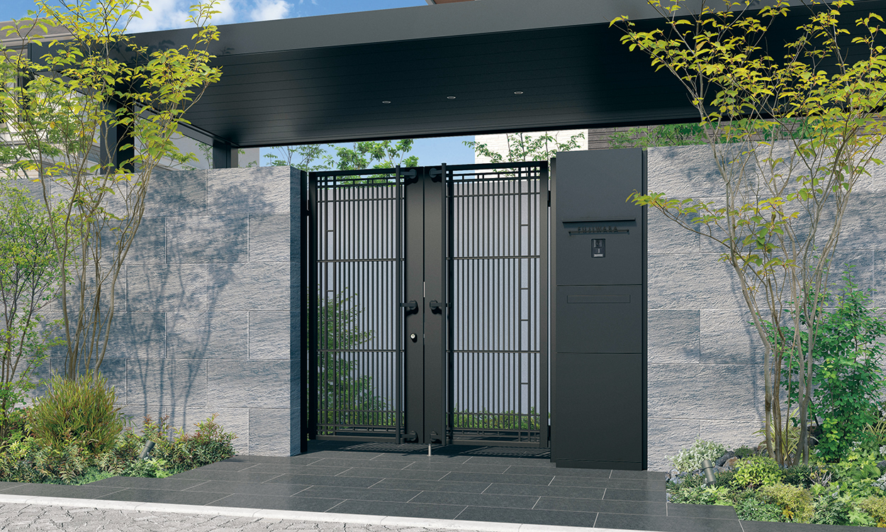 1型 アートブラック（KA）／タッチ錠（ロングバータイプ）／0820／機能門柱 ジオグランテ　三協アルミ　門まわり　モダン　おしゃれ　エクステリア　愛知・名古屋の外構専門店パートナーホームのエクステリア　製品一覧　鋳物門扉　ジオグランテ|パートナーホーム