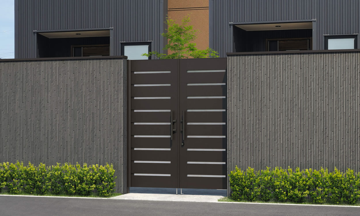 YPH型 形材タイプ／ダークブロンズ／0820／すき間ガード（吊元側）　三協アルミ　門扉　モダン　おしゃれ　エクステリア　愛知・名古屋の外構専門店パートナーホームのエクステリア　製品一覧　形材門扉　フレイナハイタイプ　|パートナーホーム