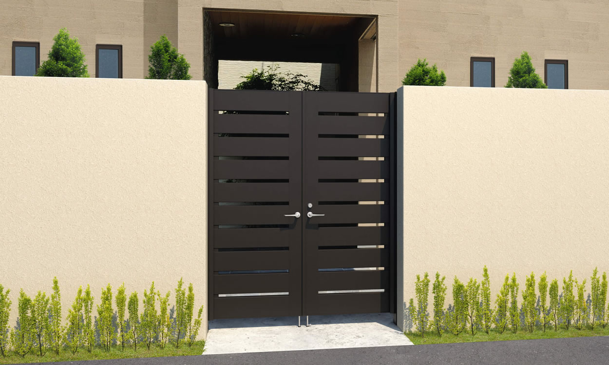 三協アルミ　門扉　モダン　おしゃれ　エクステリア　愛知・名古屋の外構専門店パートナーホームのエクステリア　製品一覧　形材門扉　フレイナハイタイプ　Y1HM型 形材タイプ／ダークブロンズ／0820／すき間ガード（吊元側）|パートナーホーム