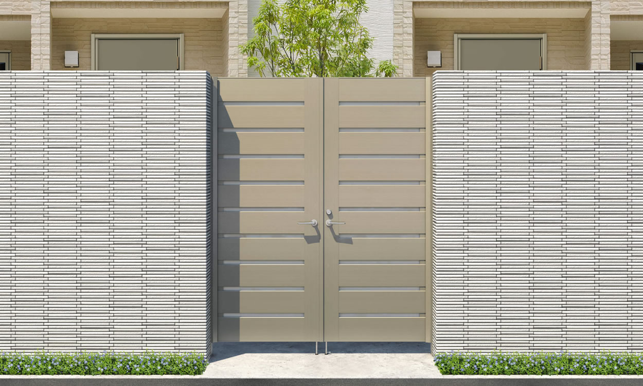 三協アルミ　門扉　モダン　おしゃれ　エクステリア　愛知・名古屋の外構専門店パートナーホームのエクステリア　製品一覧　形材門扉　フレイナハイタイプ　YPHM型 形材タイプ／アーバングレー／0820／すき間ガード（吊元側）|パートナーホーム