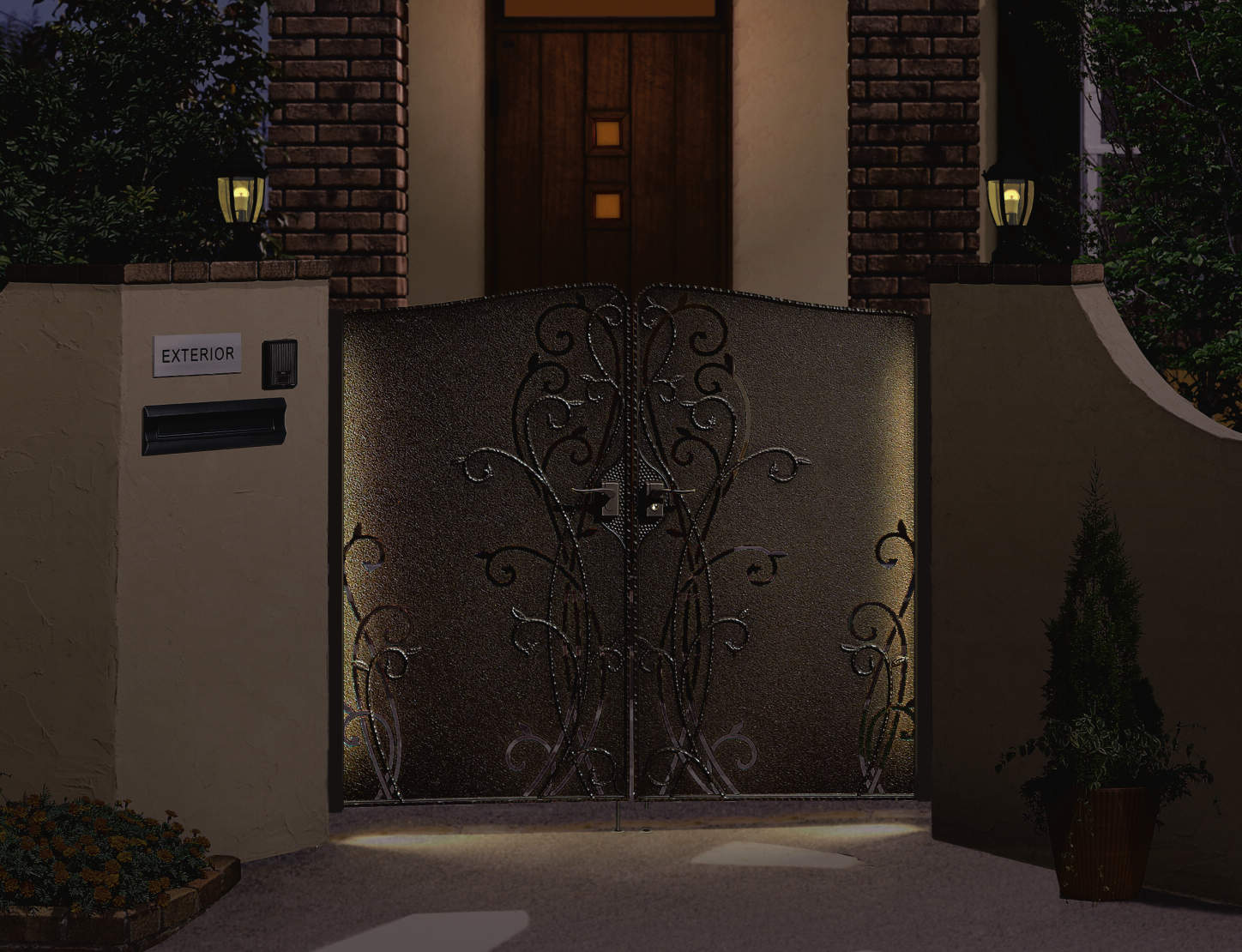 門扉用LEDすき間ガード【オプション】 門柱側に取り付け門扉の表面をやわらかい光で美しくライトアップします。手軽に設置できるDC12V・24Vタイプです。 三協アルミ　門まわり　モダン　おしゃれ　エクステリア　愛知・名古屋の外構専門店パートナーホームのエクステリア　製品一覧　鋳物門扉　ロヴァンティ|パートナーホーム