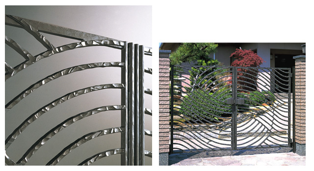 2型 片側の扉を上下逆転させて、イメージの異なるデザインパターンに変更することもできます。　三協アルミ　門まわり　モダン　おしゃれ　エクステリア　愛知・名古屋の外構専門店パートナーホームのエクステリア　製品一覧　鋳物門扉　美流（びりゅう）|パートナーホーム