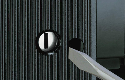 内：簡易錠C 内側の簡易錠はキーの先端やマイナスドライバーなどの道具で施解錠が可能です。　三協アルミ　門まわり　モダン　おしゃれ　エクステリア　愛知・名古屋の外構専門店パートナーホームのエクステリア　製品一覧　鋳物門扉　ファンセル|パートナーホーム