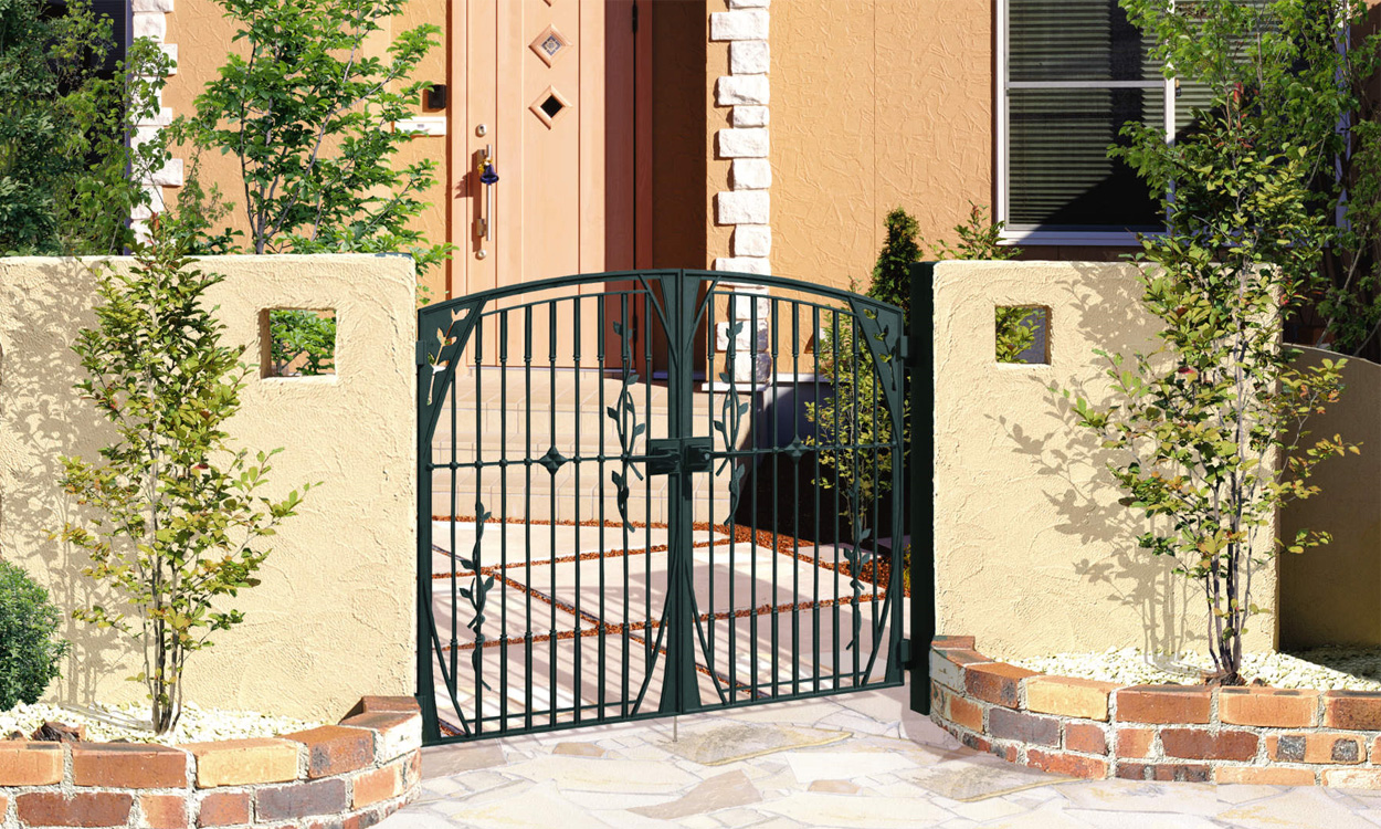 1型 アートグリーン／打掛け錠／0712　三協アルミ　門まわり　モダン　おしゃれ　エクステリア　愛知・名古屋の外構専門店パートナーホームのエクステリア　製品一覧　鋳物門扉　ハーベリー|パートナーホーム