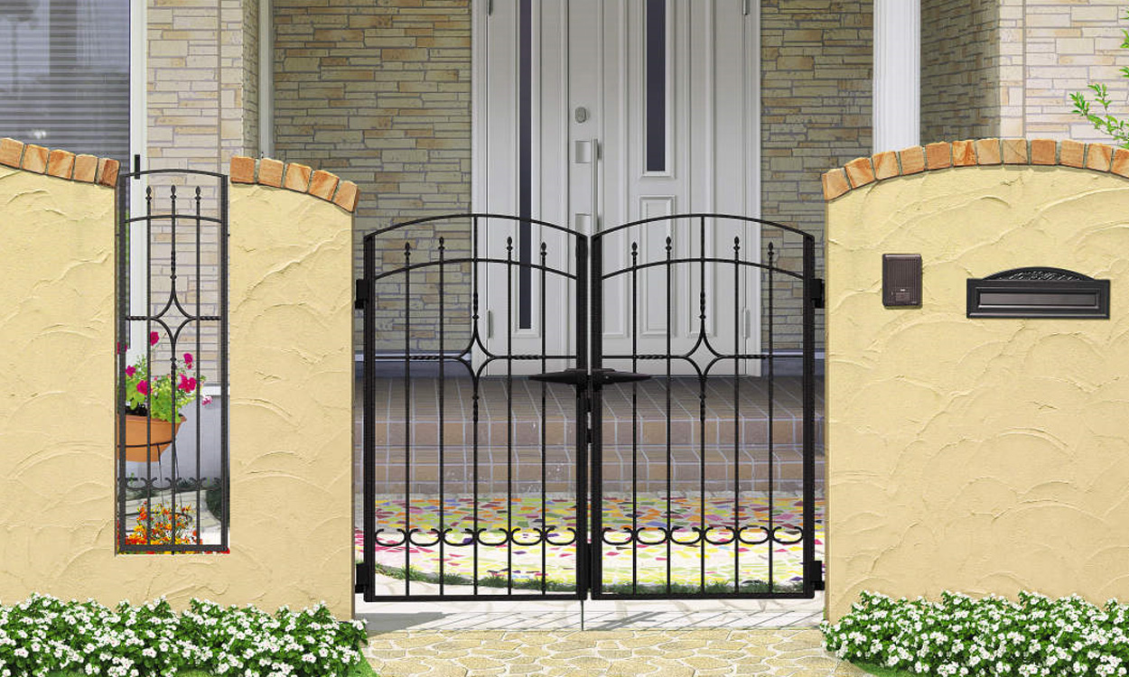 2型 アートブラック／打掛け錠／0712　三協アルミ　門まわり　モダン　おしゃれ　エクステリア　愛知・名古屋の外構専門店パートナーホームのエクステリア　製品一覧　鋳物門扉　プロヴァンス|パートナーホーム