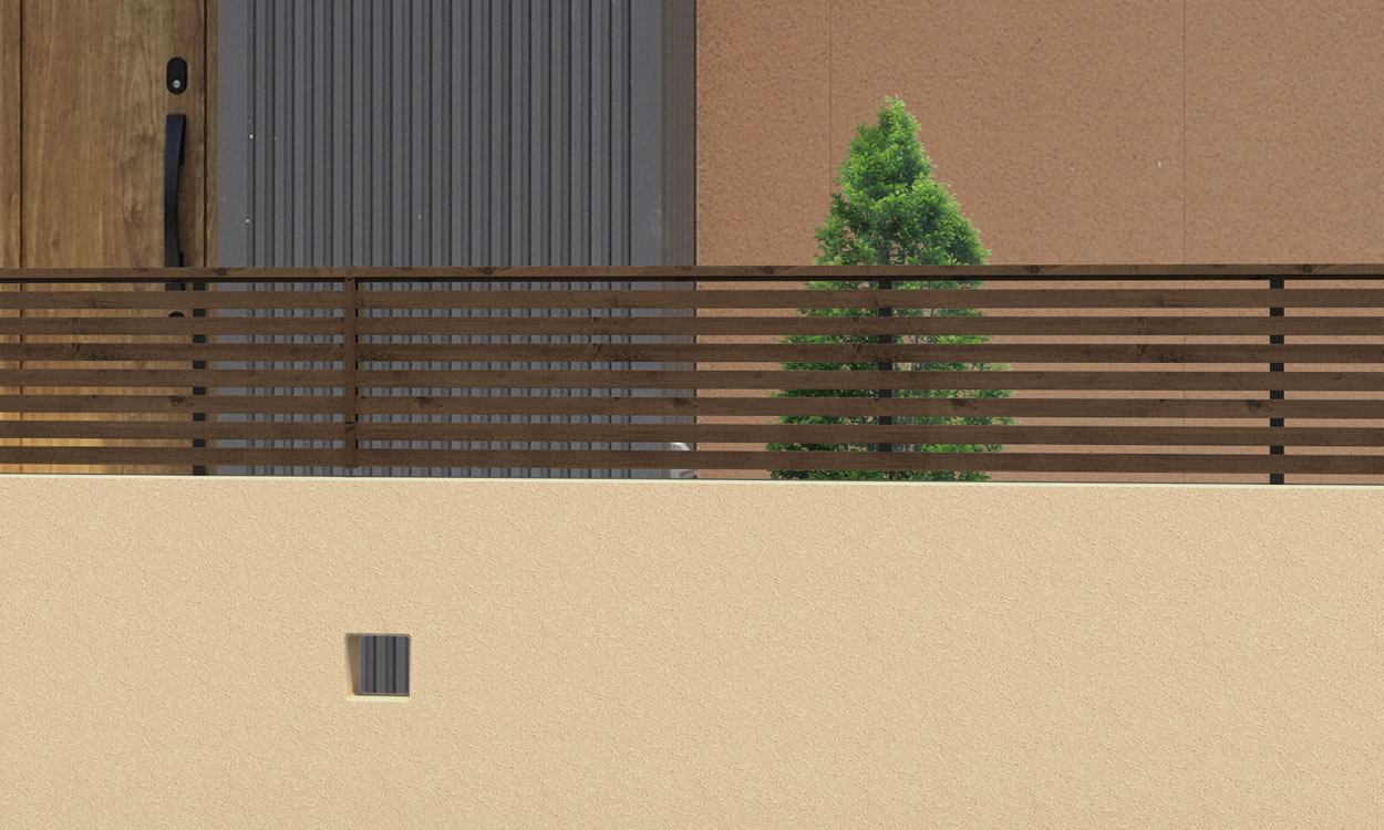 2型 FAC（トラッドオーク・ダークブロンズ）／2004／片面意匠　三協アルミ　門・フェンスまわり　フェンス・スクリーン　モダン　おしゃれ　エクステリア　愛知・名古屋の外構専門店パートナーホームのエクステリア　製品一覧　形材フェンス　フィオーレ|パートナーホーム