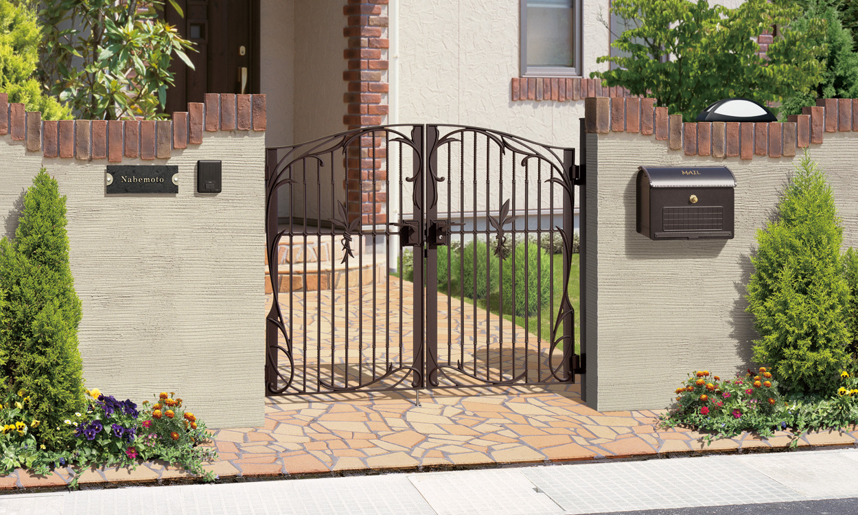 3型 アートブラウン／レバーハンドル錠（LHZｰ01）／0712　三協アルミ　門まわり　モダン　おしゃれ　エクステリア　愛知・名古屋の外構専門店パートナーホームのエクステリア　製品一覧　鋳物門扉　フェアル|パートナーホーム