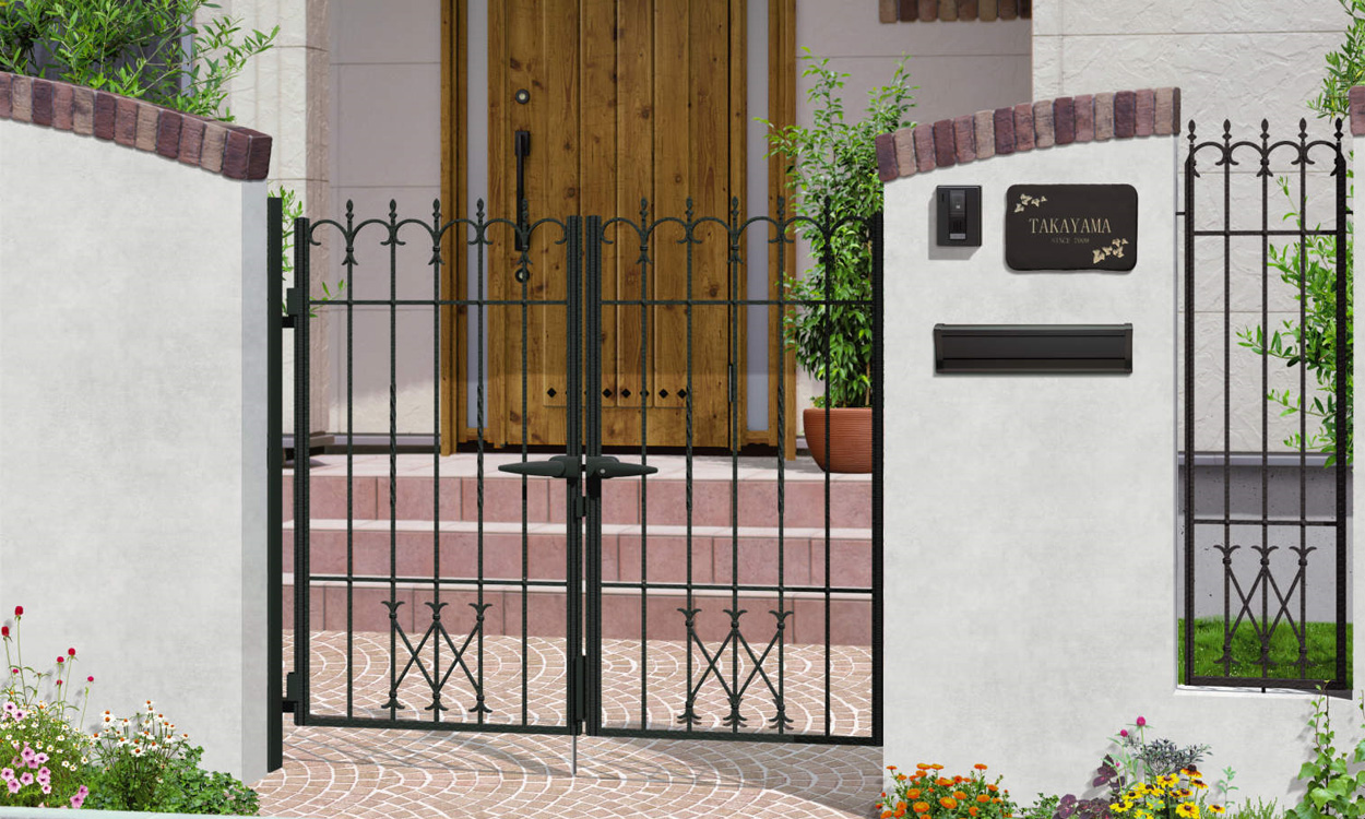 4型 アートブラック／打掛け錠／0712　三協アルミ　門まわり　モダン　おしゃれ　エクステリア　愛知・名古屋の外構専門店パートナーホームのエクステリア　製品一覧　鋳物門扉　プロヴァンス|パートナーホーム