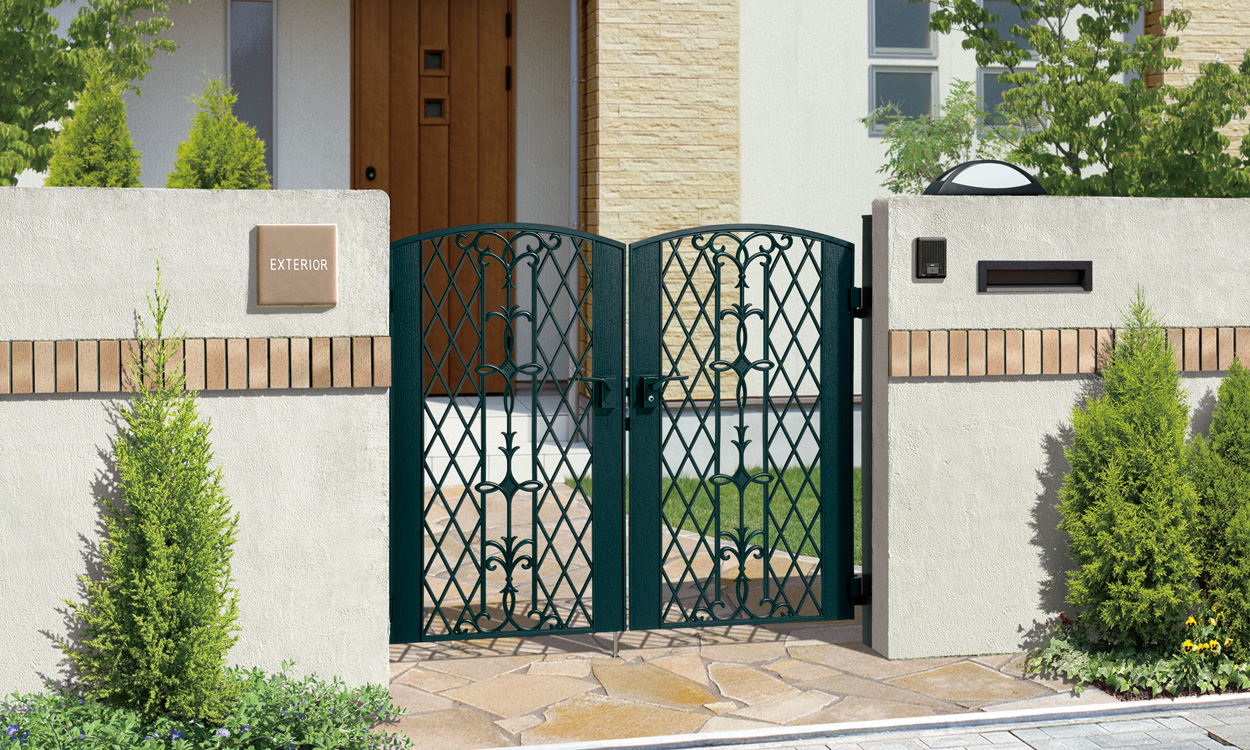 6型 アートグリーン／レバーハンドル錠（LHZｰ01）／0712　三協アルミ　門まわり　モダン　おしゃれ　エクステリア　愛知・名古屋の外構専門店パートナーホームのエクステリア　製品一覧　鋳物門扉　フェアル|パートナーホーム