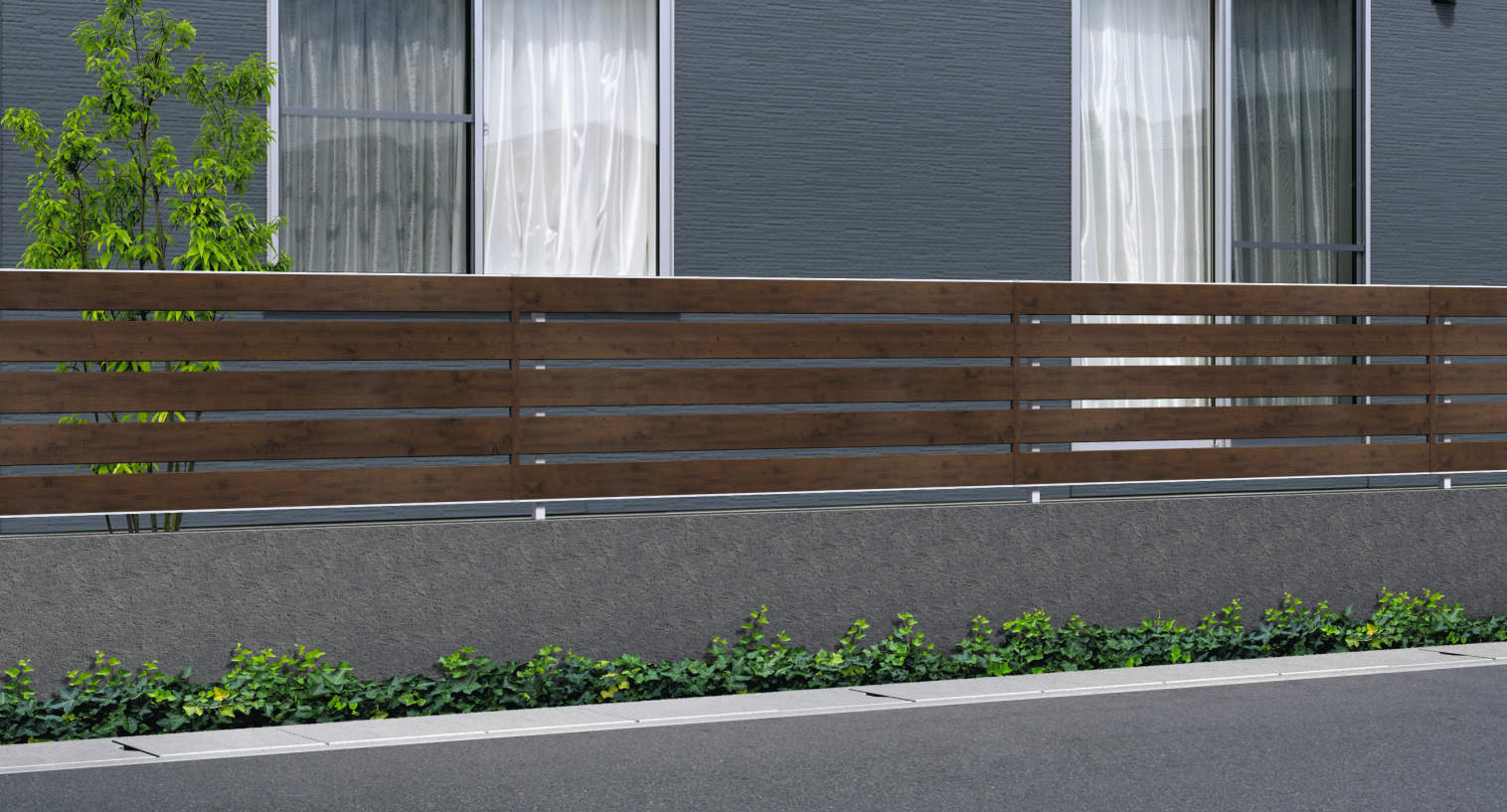 2008/トラッドオーク・サンシルバー/支柱色：サンシルバー（FAL）　Y2型　三協アルミ　門・フェンスまわり　フェンス・スクリーン　目隠し　モダン　おしゃれ　エクステリア　愛知・名古屋の外構専門店パートナーホームのエクステリア　製品一覧　形材フェンス　フレイナ|パートナーホーム