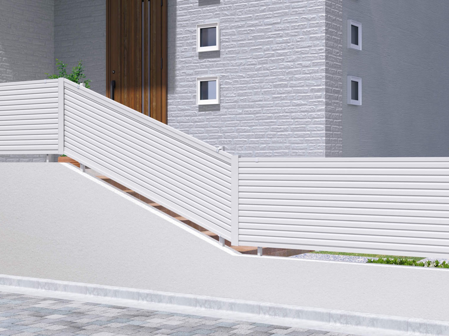 三協アルミ　形材フェンス　レジリア　YLS型・YLK型・SP1型【外構エクステリア商品】|サムネイル　YLK型（横ルーバー傾斜地用）三協アルミ　門・フェンスまわり　フェンス・スクリーン　目隠し　モダン　おしゃれ　エクステリア　愛知・名古屋の外構専門店パートナーホームのエクステリア　製品一覧　形材フェンス　レジリア　|パートナーホーム