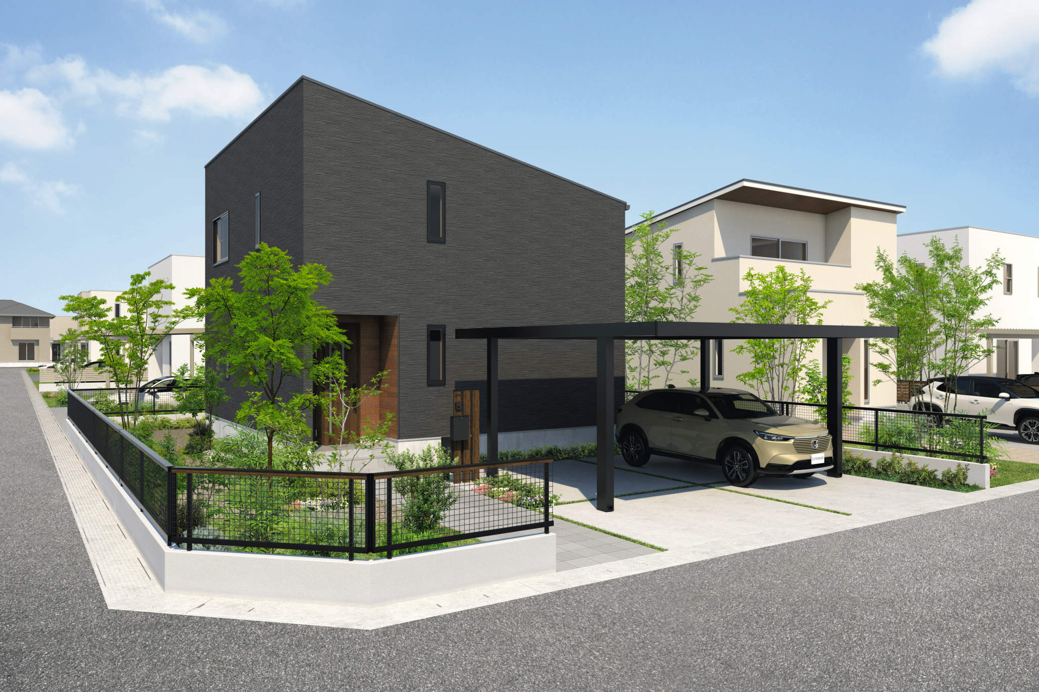 笠木：トラッドオーク＋ブラック（FAK）/メッシュパネル・支柱：ブラック（KC）　三協アルミ　門・フェンスまわり　フェンス・スクリーン　目隠し　モダン　おしゃれ　エクステリア　愛知・名古屋の外構専門店パートナーホームのエクステリア　製品一覧　形材フェンス　ハイブリッドT・T|パートナーホーム