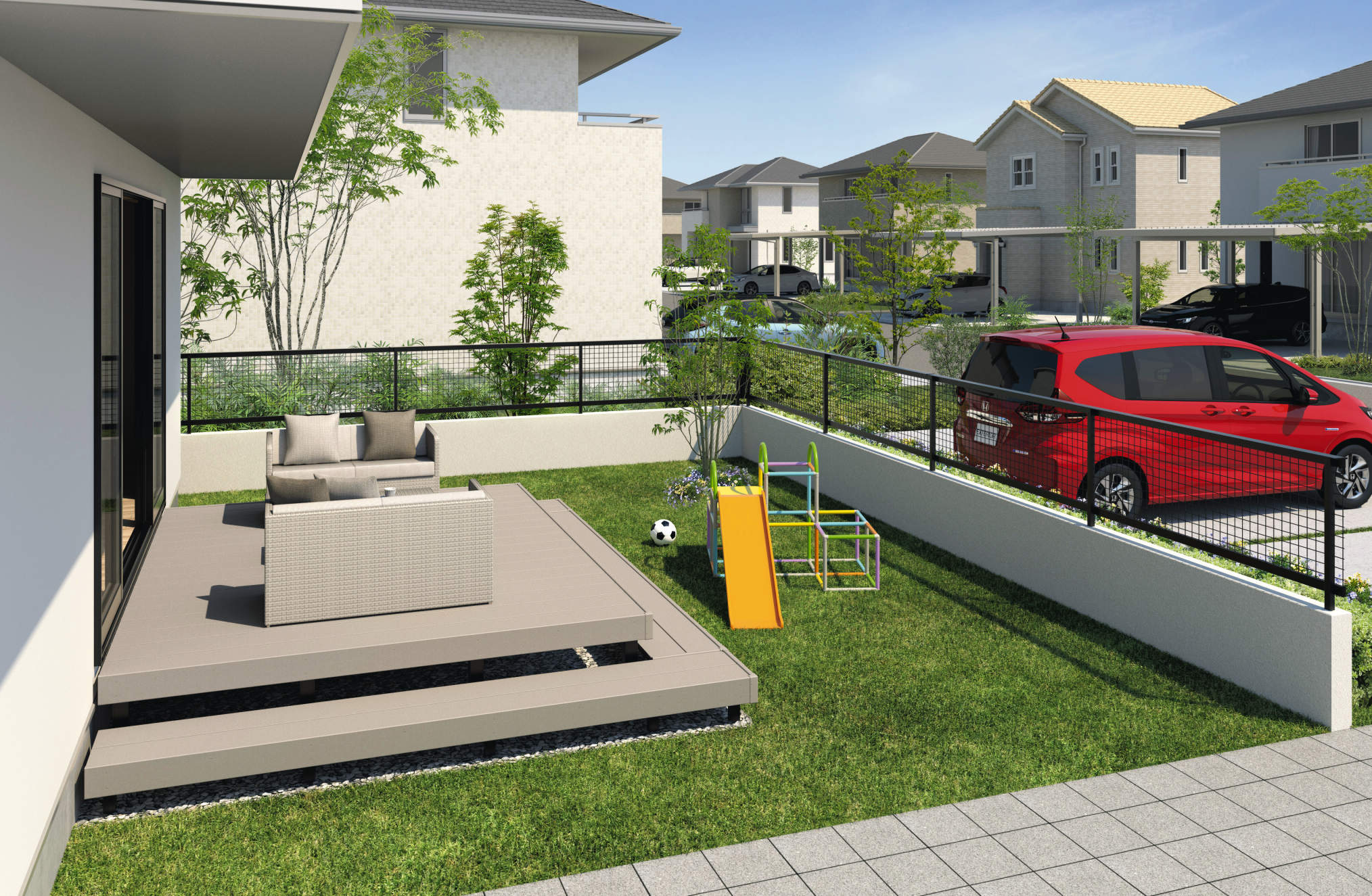 笠木：ブラック（KC）/メッシュパネル・支柱：ブラック（KC）　三協アルミ　門・フェンスまわり　フェンス・スクリーン　目隠し　モダン　おしゃれ　エクステリア　愛知・名古屋の外構専門店パートナーホームのエクステリア　製品一覧　形材フェンス　ハイブリッドT・T|パートナーホーム