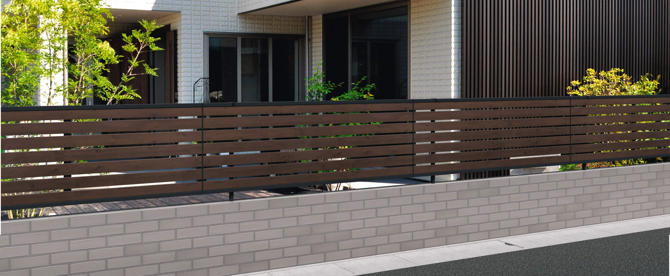 トラッドオーク・ブラック（FAK）　三協アルミ　門・フェンスまわり　フェンス・スクリーン　目隠し　モダン　おしゃれ　エクステリア　愛知・名古屋の外構専門店パートナーホームのエクステリア　製品一覧　形材フェンス　シャトレナⅡ　2型|パートナーホーム