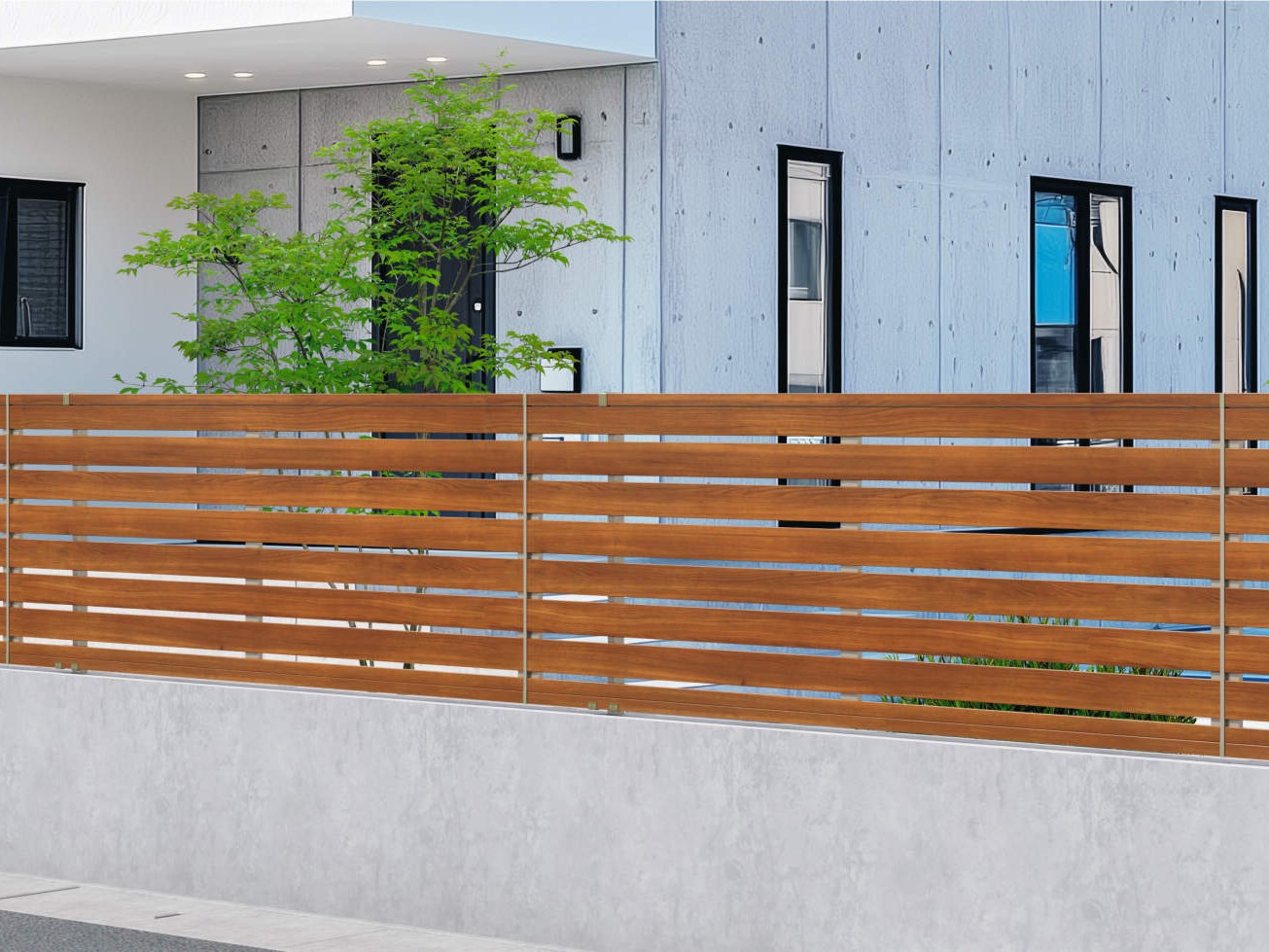 三協アルミ　形材フェンス　シャトレナⅡ　2P型・2PS型【外構エクステリア商品】|サムネイル　2PS型（横板格子下桟すき間小）両面木調 三協アルミ　門・フェンスまわり　フェンス・スクリーン　目隠し　モダン　おしゃれ　エクステリア　愛知・名古屋の外構専門店パートナーホームのエクステリア　製品一覧　形材フェンス　シャトレナⅡ　|パートナーホーム