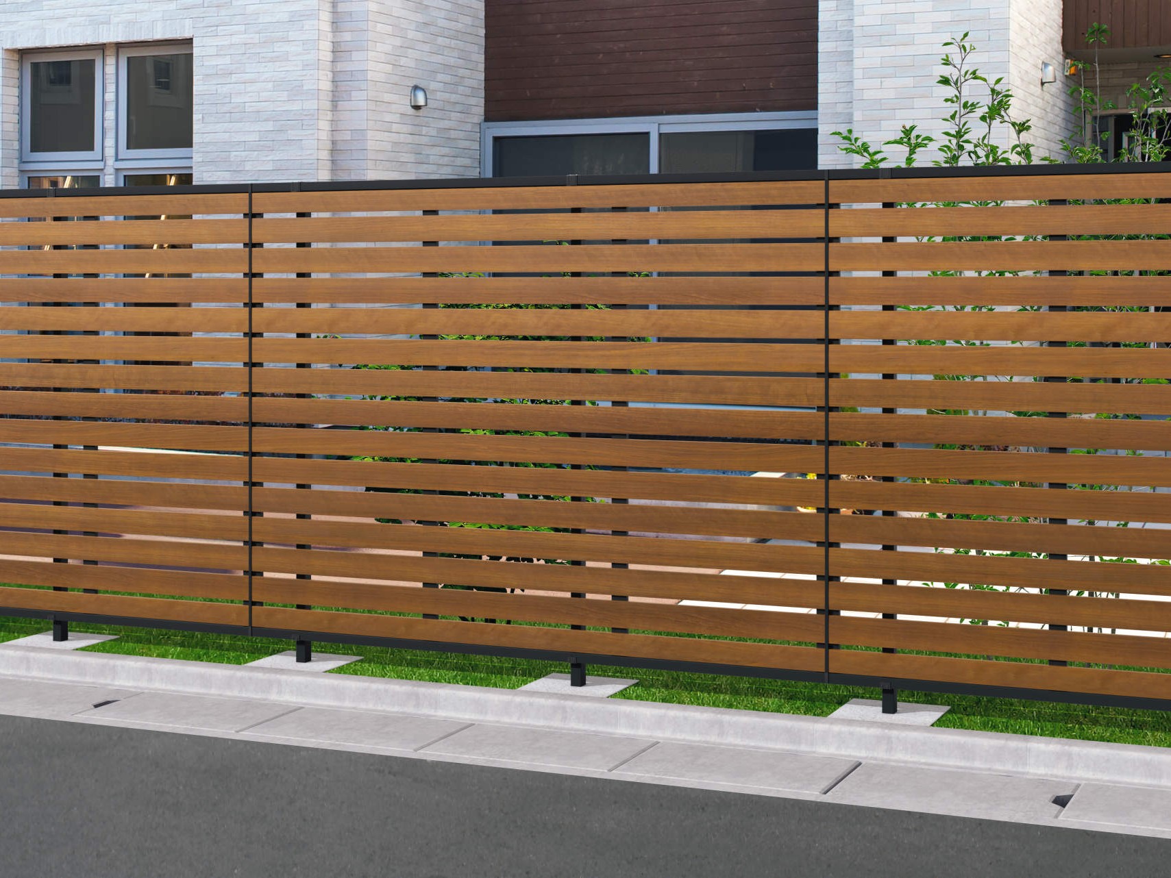 三協アルミ　形材フェンス　シャトレナⅡハイタイプ　バリエーション【外構エクステリア商品】|サムネイル　クラフトチェリー・ブラック（YCK） 2型（横板格子）両面木調　三協アルミ　門・フェンスまわり　フェンス・スクリーン　目隠し　モダン　おしゃれ　エクステリア　愛知・名古屋の外構専門店パートナーホームのエクステリア　製品一覧　形材フェンス　|パートナーホーム