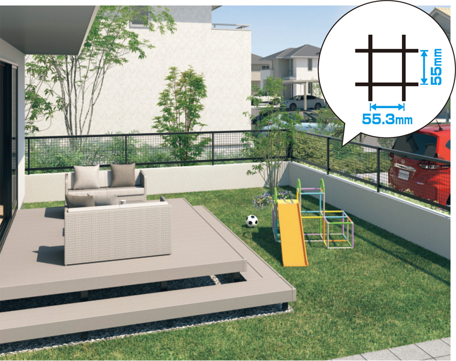 シンプルで高意匠なメッシュのマス格子デザイン　三協アルミ　門・フェンスまわり　フェンス・スクリーン　目隠し　モダン　おしゃれ　エクステリア　愛知・名古屋の外構専門店パートナーホームのエクステリア　製品一覧　形材フェンス　ハイブリッドT・T|パートナーホーム