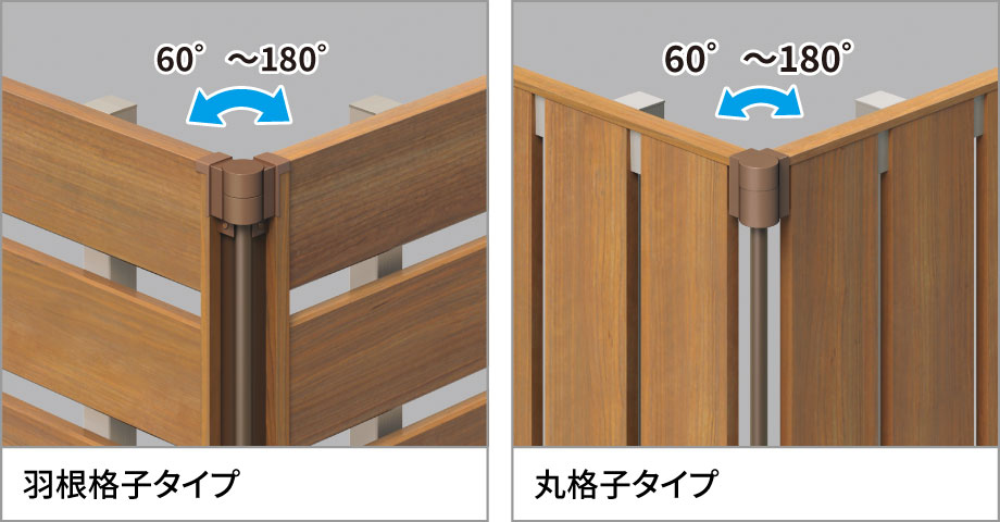 コーナー材 T1型は丸格子タイプ、その他の型は羽根格子タイプのコーナー材を用意しています。羽根格子タイプはコーナー部のすき間をなくし、丸格子タイプはたて格子デザインと同調しながら適度に光を採り入れます。　三協アルミ　門・フェンスまわり　フェンス・スクリーン　目隠し　モダン　おしゃれ　エクステリア　愛知・名古屋の外構専門店パートナーホームのエクステリア　製品一覧　形材フェンス　フレイナ|パートナーホーム