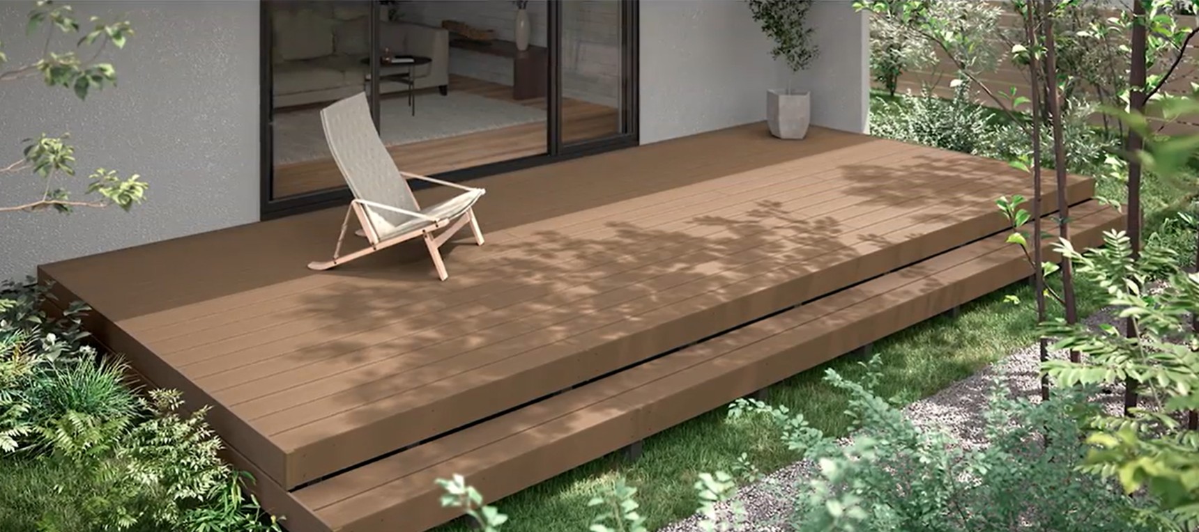 多彩なプランと豊富なバリエーションで、ガーデン空間のアレンジも思いのまま。 「掛ら楽」なら、見る・使う・遊ぶというデッキの魅力を存分に味わうことができ、開放感とくつろぎに満ちたデッキのある生活をかなえます。 LIXIL　外構　モダン　 おしゃれ　エクステリア　愛知・名古屋の外構専門店パートナーホームのエクステリア　製品一覧　樹ら楽　柾目タイプ|パートナーホーム