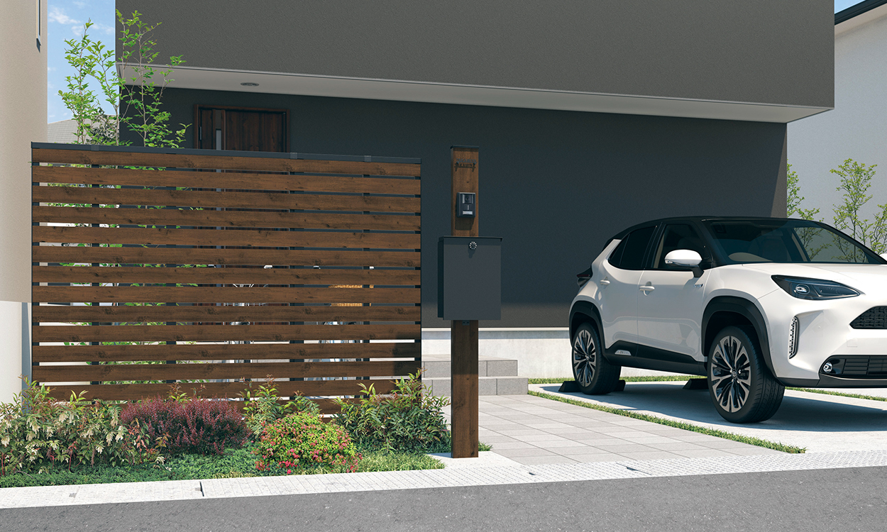 1型（横板格子）片面木調　三協アルミ　門・フェンスまわり　フェンス・スクリーン　目隠し　モダン　おしゃれ　エクステリア　愛知・名古屋の外構専門店パートナーホームのエクステリア　製品一覧　形材フェンス　シャトレナⅡ　ハイタイプ 　1型　1型（横板格子）片面木調 FAK（トラッドオーク・ブラック）|パートナーホーム