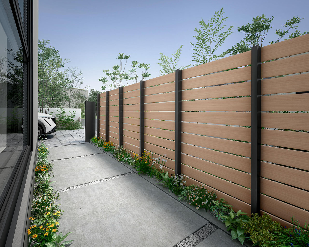 SCENE 03 光と風は通しても気になる視線はカット 防犯効果が期待できる高尺サイズをアプローチに。平板の隙間から風と光が通り抜けるナチュラルな雰囲気の目隠しです。　LIXIL　門・フェンスまわり　フェンス・スクリーン　目隠し　モダン　おしゃれ　エクステリア　愛知・名古屋の外構専門店パートナーホームのエクステリア　製品一覧　フェンスAW　|パートナーホーム