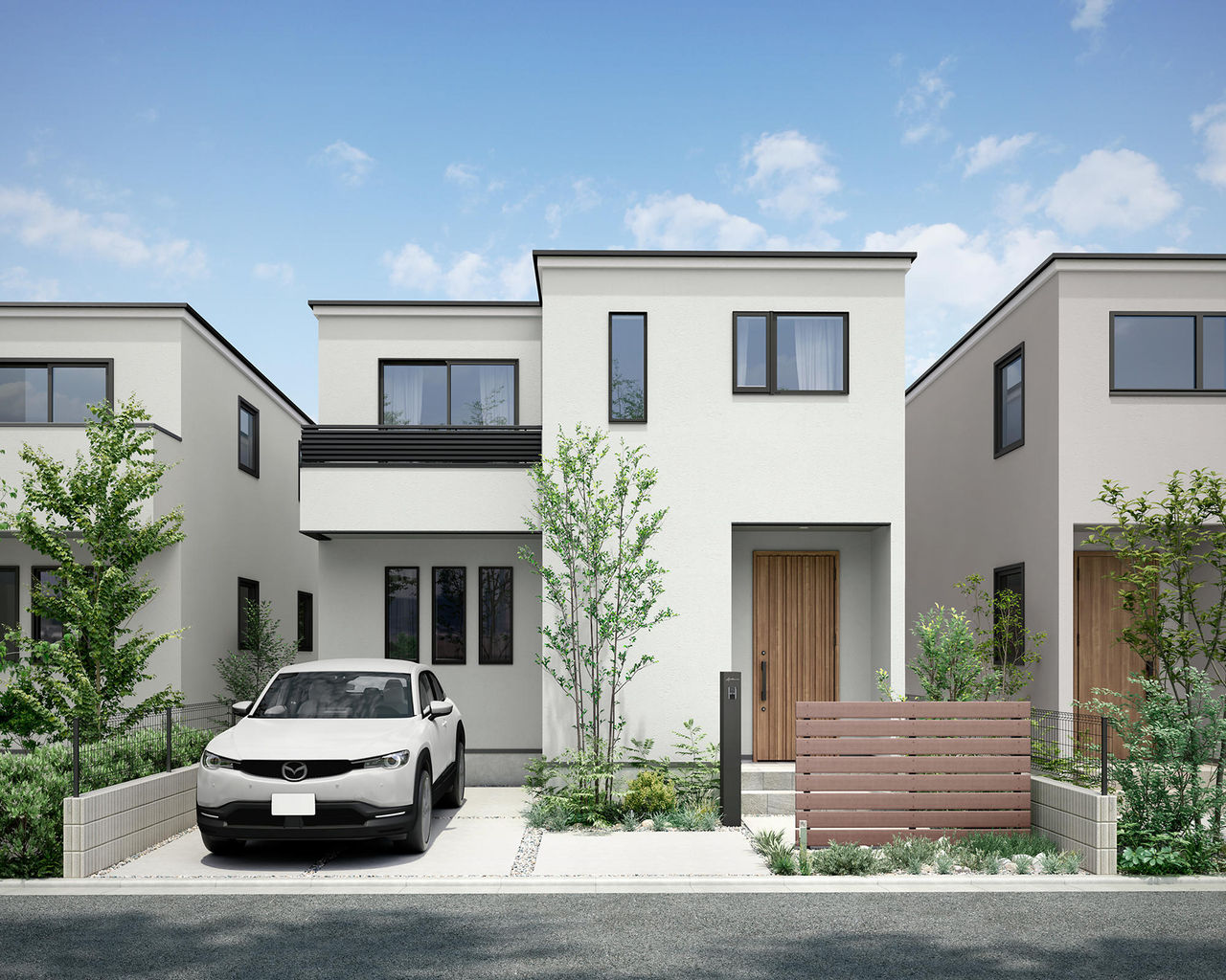 開放感はそのままに、目隠しを兼ねたワンポイントアクセントオープンスタイルの外構のワンポイントアクセントに。玄関前のさりげない目隠しとしての役割も。　LIXIL　門・フェンスまわり　フェンス・スクリーン　目隠し　モダン　おしゃれ　エクステリア　愛知・名古屋の外構専門店パートナーホームのエクステリア　製品一覧　フェンスAW　|パートナーホーム