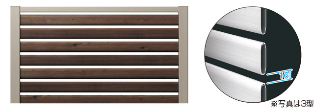 3W型（木調タイプ）／半目隠しタイプ：横格子 木調柄で適度な目隠しと通風効果が魅力。 スタンダードなデザインの木調タイプです。格子の間から適度な採光・通風が得られます。　三協アルミ　門・フェンスまわり　フェンス・スクリーン　目隠し　モダン　おしゃれ　エクステリア　愛知・名古屋の外構専門店パートナーホームのエクステリア　製品一覧　ガーデンスクリーン　LALAスクリーン|パートナーホーム