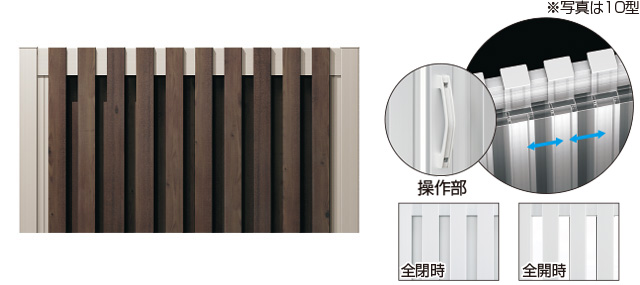10W型（木調タイプ）／可動たて格子タイプ 木調＆採光・通風を状況に応じて調節。 和風モダン住宅にもマッチするたて格子の木調タイプです。開閉操作により、採光・通風・目隠しを状況に応じて使い分けることができます。　三協アルミ　門・フェンスまわり　フェンス・スクリーン　目隠し　モダン　おしゃれ　エクステリア　愛知・名古屋の外構専門店パートナーホームのエクステリア　製品一覧　ガーデンスクリーン　LALAスクリーン|パートナーホーム