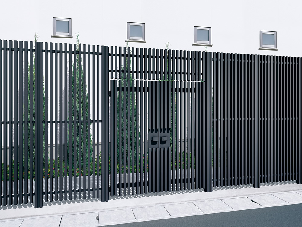 1型 ブラック（KC）／スクリーン：1025+門扉：0820　三協アルミ　門・フェンスまわり　フェンス・スクリーン　目隠し　モダン　おしゃれ　エクステリア　愛知・名古屋の外構専門店パートナーホームのエクステリア　製品一覧　ガーデンスクリーン　エルファード両面タイプ|パートナーホーム