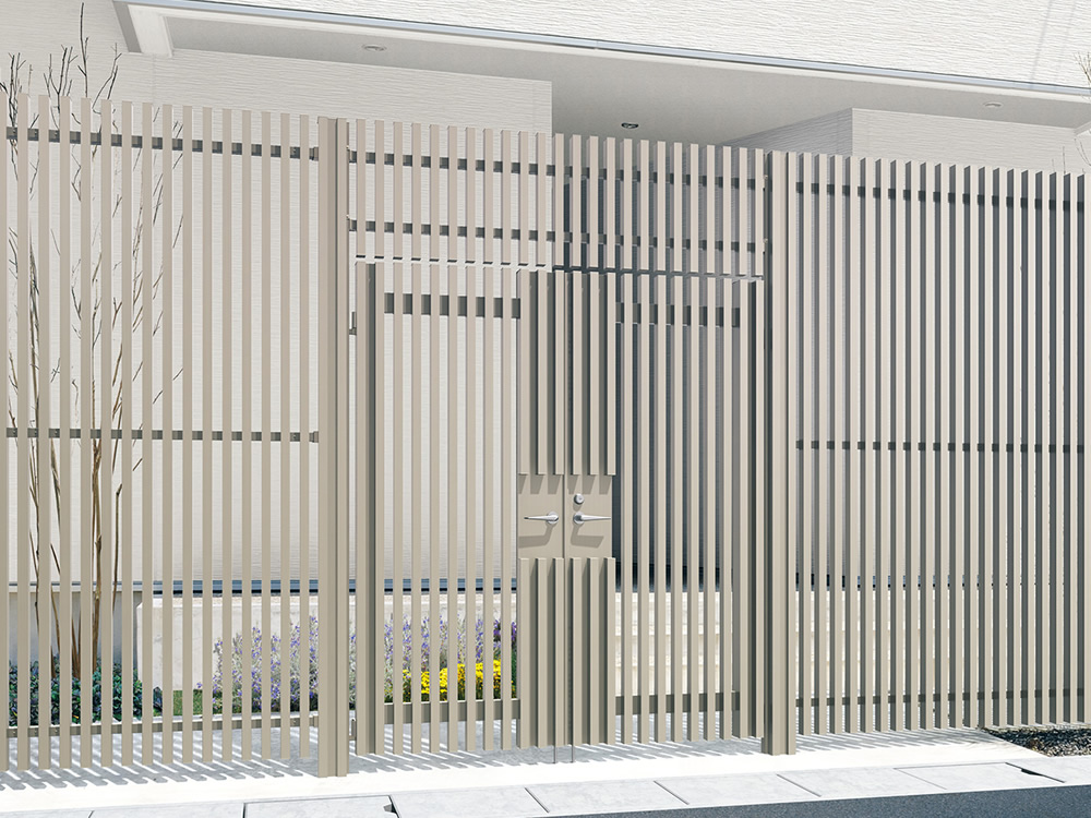 1型 アーバングレー（UC）／フリー支柱タイプ：2025+門扉：0820　三協アルミ　門・フェンスまわり　フェンス・スクリーン　目隠し　モダン　おしゃれ　エクステリア　愛知・名古屋の外構専門店パートナーホームのエクステリア　製品一覧　ガーデンスクリーン　エルファード片面タイプ|パートナーホーム