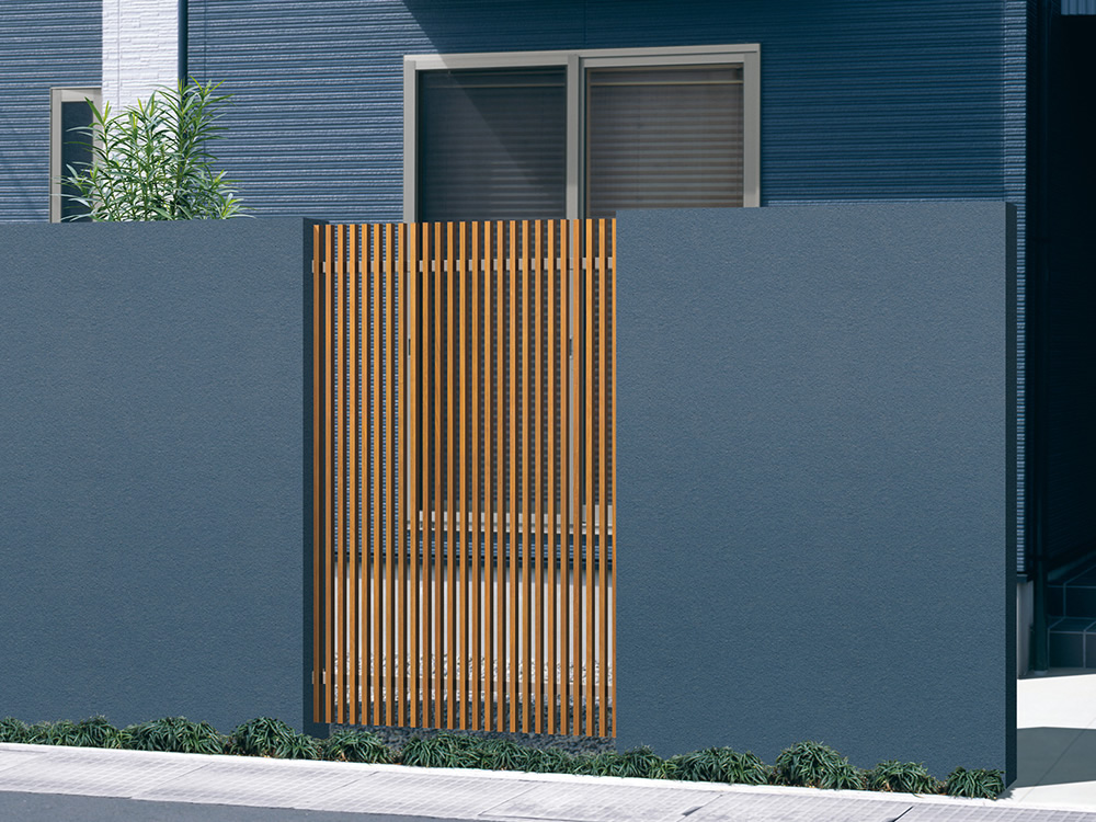 三協アルミ　エルファード片面タイプ　バリエーション【外構エクステリア商品】|M2型 YCU（クラフトチェリー・アーバングレー）／壁付けタイプ／1016　三協アルミ　門・フェンスまわり　フェンス・スクリーン　目隠し　モダン　おしゃれ　エクステリア　愛知・名古屋の外構専門店パートナーホームのエクステリア　製品一覧　ガーデンスクリーン　エルファード片面タイプ|パートナーホーム