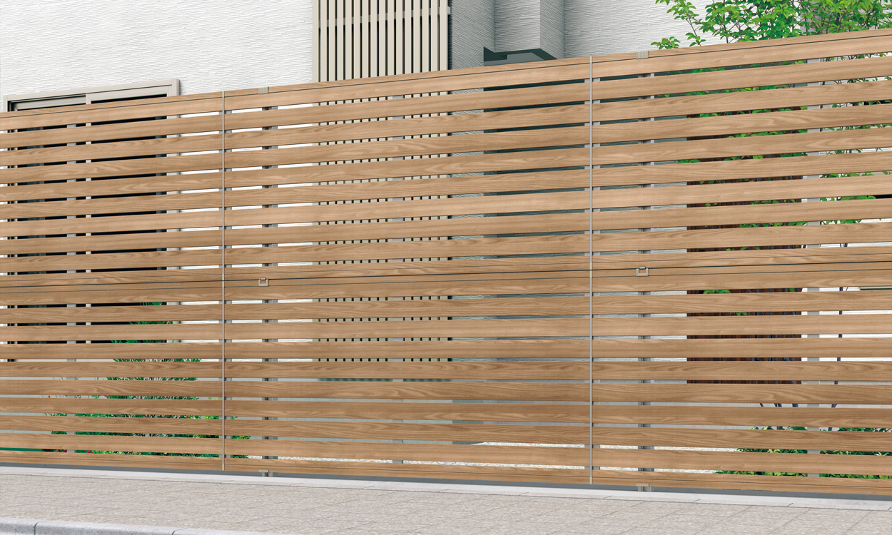 シャトレナⅡ NEU（シナモンエルム・アーバングレー）／2段施工／上・下：シャトレナⅡ1PS型／2010　三協アルミ　門・フェンスまわり　フェンス・スクリーン　目隠し　モダン　おしゃれ　エクステリア　愛知・名古屋の外構専門店パートナーホームのエクステリア　製品一覧　形材フェンス　多段支柱　2段フリー支柱|パートナーホーム