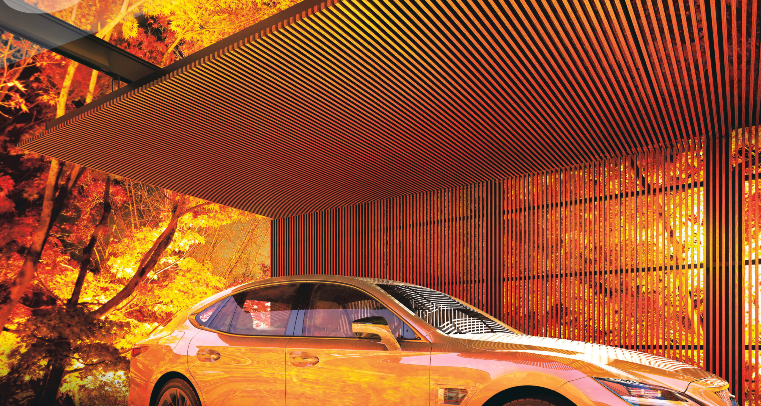 スリットから差し込む光が最高の演出に 整然と設えたスリットが、月明かりのもと 車体に光と影を落とし、周囲の自然と一体となって和の趣を演出。無駄を削ぎ落とした直線美に、凛とした空気を感じます。　三協アルミ　車庫まわり　カーポート　モダン　おしゃれ　エクステリア　愛知・名古屋の外構専門店パートナーホームのエクステリア　製品一覧　カーポート　U.スタイル アゼスト|パートナーホーム