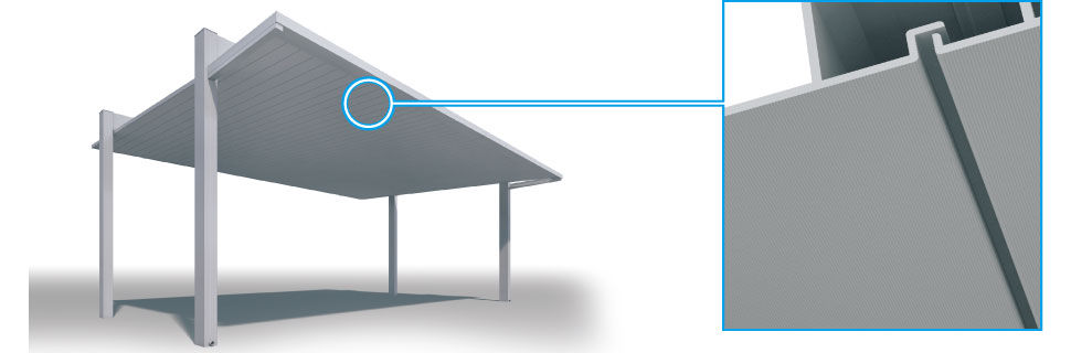 空間の意匠に心地よいリズムを生み出すローレット加工。 天井材に施したローレット加工が無機質なアルミ形材に豊かな表情をプラスします。　三協アルミ　車庫まわり　カーポート　モダン　おしゃれ　エクステリア　愛知・名古屋の外構専門店パートナーホームのエクステリア　製品一覧　FⅡ-RW（両側支持タイプ）|パートナーホーム