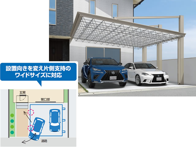 敷地対応力 柱が後方に位置する「背面支持」ならではのメリットで、住まいに合った使いやすいカースペースを提案できます。 カーポートの向きを変えて設置すると片側にしか柱がないため、車からの見通しが良く、車の出し入れや乗り降りがしやすくなります。玄関への動線もスムーズです。　三協アルミ　車庫まわり　カーポート　モダン　おしゃれ　エクステリア　愛知・名古屋の外構専門店パートナーホームのエクステリア　製品一覧　カーポート　M.シェードⅡ上吊りタイプ|パートナーホーム