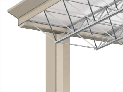 屋根ユニット 屋根ユニットの組み合わせから生まれる美しいトラス屋根。軽量かつ高強度な「アルミ製のプレートトラス」を採用。ユニット同士を3mm目地ですっきりと連結します。　三協アルミ　車庫まわり　カーポート　モダン　おしゃれ　エクステリア　愛知・名古屋の外構専門店パートナーホームのエクステリア　製品一覧　カーポート　M.シェードⅡ上吊りタイプ|パートナーホーム