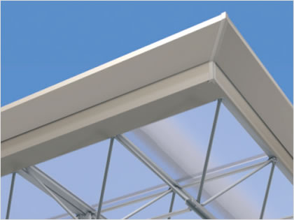 屋根枠 プレートトラスのスタイリッシュなデザインにマッチする、スマートな屋根枠です。　三協アルミ　車庫まわり　カーポート　モダン　おしゃれ　エクステリア　愛知・名古屋の外構専門店パートナーホームのエクステリア　製品一覧　カーポート　M.シェードⅡ上吊りタイプ|パートナーホーム