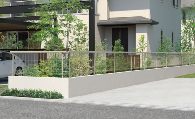 スタイリッシュで安定感のあるスタイルが意匠性を高めます。　三協アルミ　門・フェンスまわり　フェンス・スクリーン　目隠し　モダン　おしゃれ　エクステリア　愛知・名古屋の外構専門店パートナーホームのエクステリア　製品一覧 スチールメッシュ　ユメッシュプラス　笠木タイプ|パートナーホーム