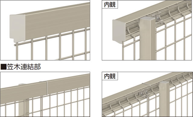 意匠が気になるファサードはユメッシュプラスE型を、家の裏側など意匠が気にならない場所にはユメッシュフェンスE型を設置。ユメッシュプラスとユメッシュフェンスを組み合わせての使用も可能です。　三協アルミ　門・フェンスまわり　フェンス・スクリーン　目隠し　モダン　おしゃれ　エクステリア　愛知・名古屋の外構専門店パートナーホームのエクステリア　製品一覧 スチールメッシュ　ユメッシュプラス　笠木タイプ|パートナーホーム