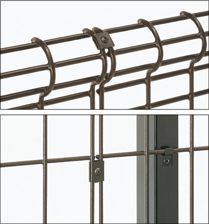 フェンス連結金具 ステンレス製の取り付け金具。フェンス同士を固定します。　三協アルミ　門・フェンスまわり　フェンス・スクリーン　目隠し　モダン　おしゃれ　エクステリア　愛知・名古屋の外構専門店パートナーホームのエクステリア　製品一覧 スチールメッシュ　ユメッシュHR型フェンス|パートナーホーム