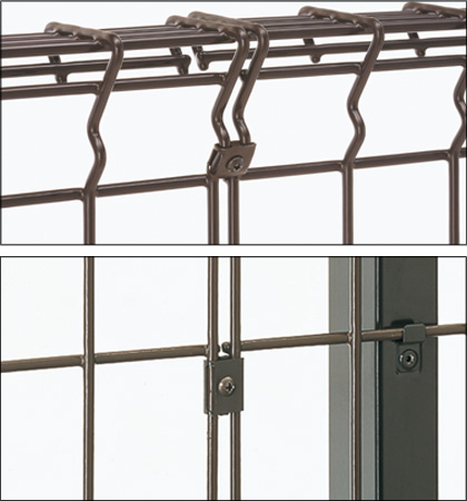 フェンス連結金具 ステンレス製の取り付け金具。フェンス同士を固定します。　三協アルミ　門・フェンスまわり　フェンス・スクリーン　目隠し　モダン　おしゃれ　エクステリア　愛知・名古屋の外構専門店パートナーホームのエクステリア　製品一覧 スチールメッシュ　ユメッシュZ型フェンス|パートナーホーム