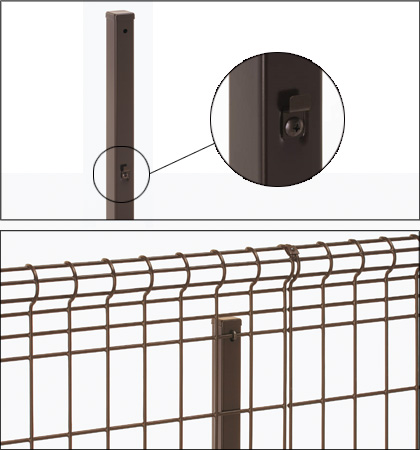 フリー支柱仮止め金具 フェンス横線を仮置き後、フックボルトで固定します。　三協アルミ　門・フェンスまわり　フェンス・スクリーン　目隠し　モダン　おしゃれ　エクステリア　愛知・名古屋の外構専門店パートナーホームのエクステリア　製品一覧 スチールメッシュ　ユメッシュHR型フェンス|パートナーホーム