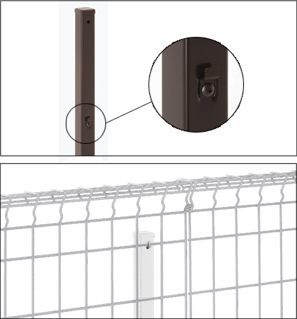 フリー支柱仮止め金具 フェンス横線を仮置き後、フックボルトで固定します。　三協アルミ　門・フェンスまわり　フェンス・スクリーン　目隠し　モダン　おしゃれ　エクステリア　愛知・名古屋の外構専門店パートナーホームのエクステリア　製品一覧 スチールメッシュ　ユメッシュZ型フェンス|パートナーホーム