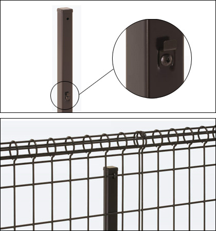 フリー支柱仮止め金具 フェンス横線を仮置き後、フックボルトで固定します。　三協アルミ　門・フェンスまわり　フェンス・スクリーン　目隠し　モダン　おしゃれ　エクステリア　愛知・名古屋の外構専門店パートナーホームのエクステリア　製品一覧 スチールメッシュ　ユメッシュR型フェンス|パートナーホーム