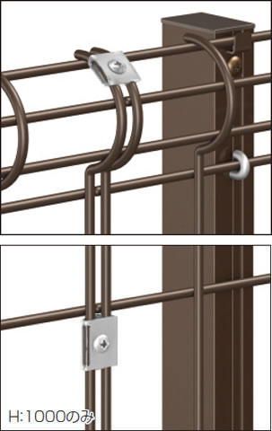 フェンス連結金具 固定金具（フェンス連結部）とフックボルトは本体色に関わらず、生地色となります。　三協アルミ　門・フェンスまわり　フェンス・スクリーン　目隠し　モダン　おしゃれ　エクステリア　愛知・名古屋の外構専門店パートナーホームのエクステリア　製品一覧 スチールメッシュ　ユメッシュE型フェンス|パートナーホーム