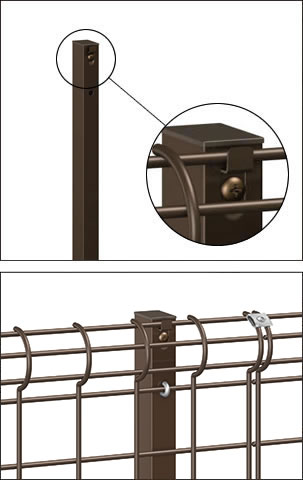 フリー支柱仮止め金具 フェンス横線を仮置き後、フックボルトで固定します。　三協アルミ　門・フェンスまわり　フェンス・スクリーン　目隠し　モダン　おしゃれ　エクステリア　愛知・名古屋の外構専門店パートナーホームのエクステリア　製品一覧 スチールメッシュ　ユメッシュE型フェンス|パートナーホーム