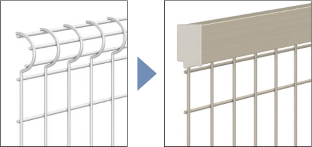 笠木をメッシュフェンスに取り付けるだけの簡単施工。 三協アルミ　門・フェンスまわり　フェンス・スクリーン　目隠し　モダン　おしゃれ　エクステリア　愛知・名古屋の外構専門店パートナーホームのエクステリア　製品一覧 スチールメッシュ　ユメッシュプラス　笠木タイプ|パートナーホーム