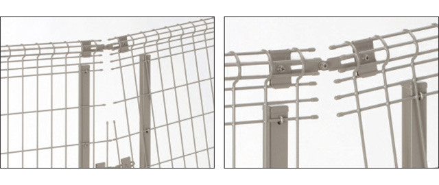 傾斜連結部 平地用フェンス本体を施工現場で切断して、傾斜連結金具で固定します。　三協アルミ　門・フェンスまわり　フェンス・スクリーン　目隠し　モダン　おしゃれ　エクステリア　愛知・名古屋の外構専門店パートナーホームのエクステリア　製品一覧 スチールメッシュ　ユメッシュHR型フェンス|パートナーホーム
