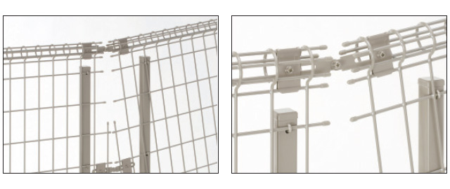 傾斜連結部 平地用フェンス本体を施工現場で切断して、傾斜連結金具で固定します。　三協アルミ　門・フェンスまわり　フェンス・スクリーン　目隠し　モダン　おしゃれ　エクステリア　愛知・名古屋の外構専門店パートナーホームのエクステリア　製品一覧 スチールメッシュ　ユメッシュR型フェンス|パートナーホーム