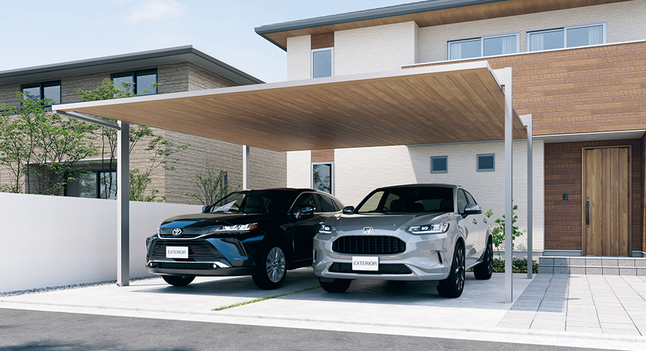 建物と調和するこだわりのフラットデザインに自然な質感をもつ木調色。 先進さにぬくもりをプラスしてエクステリア空間を引き立てます。　三協アルミ　車庫まわり　カーポート　モダン　おしゃれ　エクステリア　愛知・名古屋の外構専門店パートナーホームのエクステリア　製品一覧　FⅡ-RW（両側支持タイプ）|パートナーホーム
